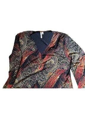 Susan Lawrence Womens Plus 1X Multicolor Paisley Knit V-Neck Long Sleeve Top